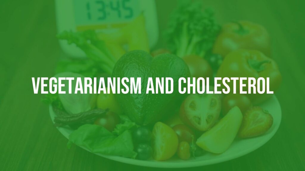 A colorful plate of fresh vegetables and fruits, heart-shaped avocado, with a cholesterol meter in the background, vibrant and healthy, realistic.