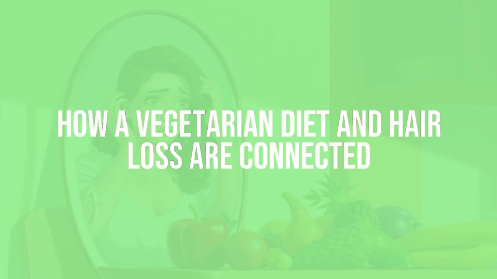 Woman examining her hair in the mirror, concerned expression, vegetarian food like fruits and vegetables on the table, natural lighting, realistic style.