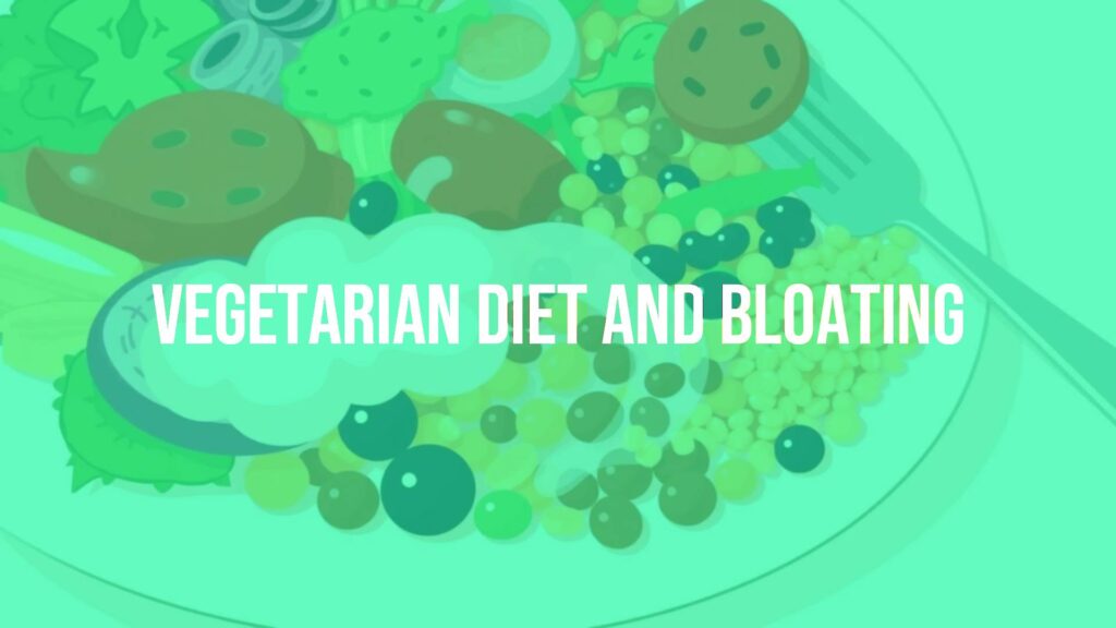 A plate of colorful vegetarian food with vegetables, legumes and grains, showing bloating effect with a cloud-like swelling around the stomach area, simple and illustrative style.