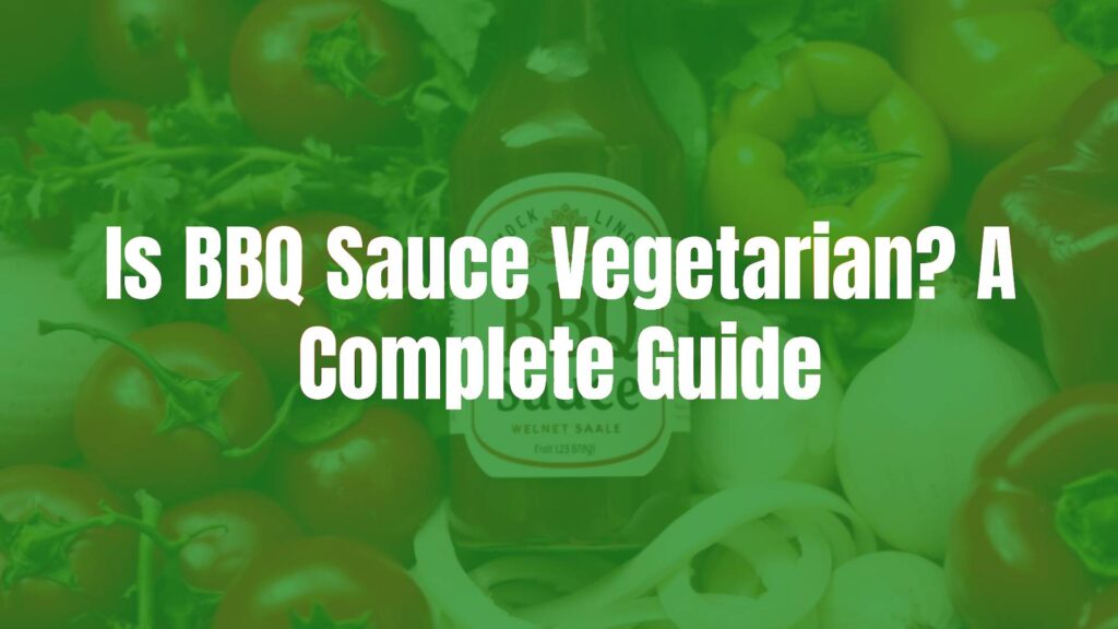 A bottle of BBQ sauce with a vegetarian-friendly label, surrounded by fresh vegetables like tomatoes, onions, and peppers, bright and appetizing, realistic.