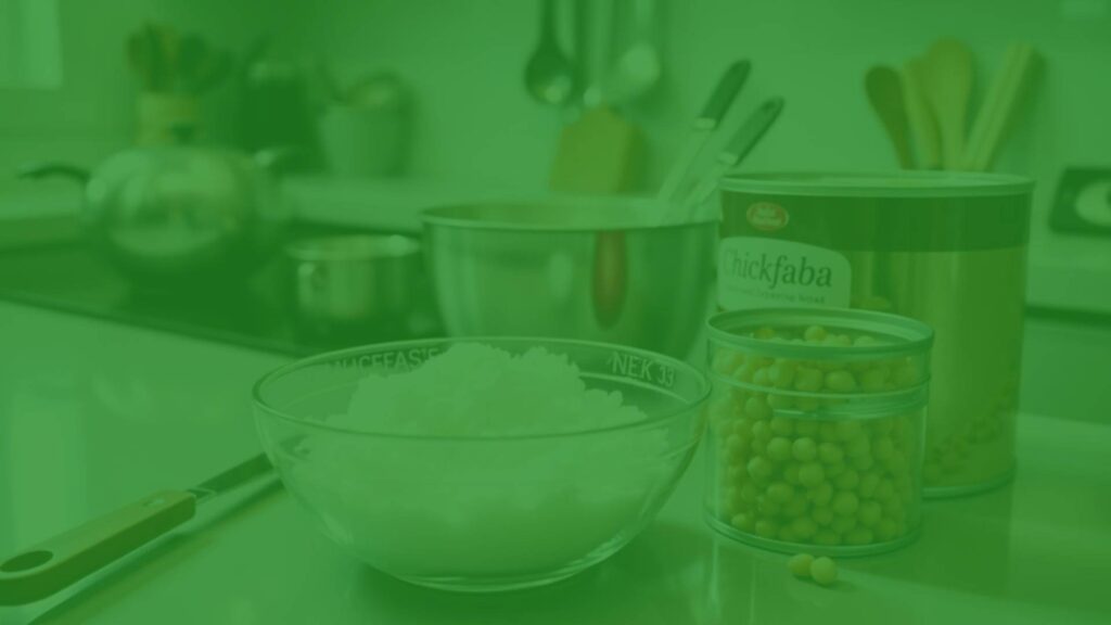 A bowl of whipped aquafaba with a can of chickpeas and cooking utensils, bright kitchen lighting, clean and modern style.