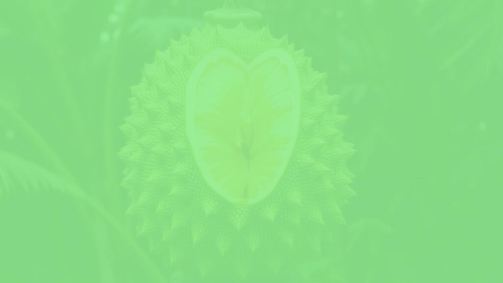 A large, spiky green jackfruit sliced open to reveal yellow, fibrous flesh, tropical background, vibrant and fresh, realistic.