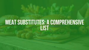 Various meat substitutes like burgers, sausages, and nuggets arranged on a wooden table, colorful and appetizing, realistic.