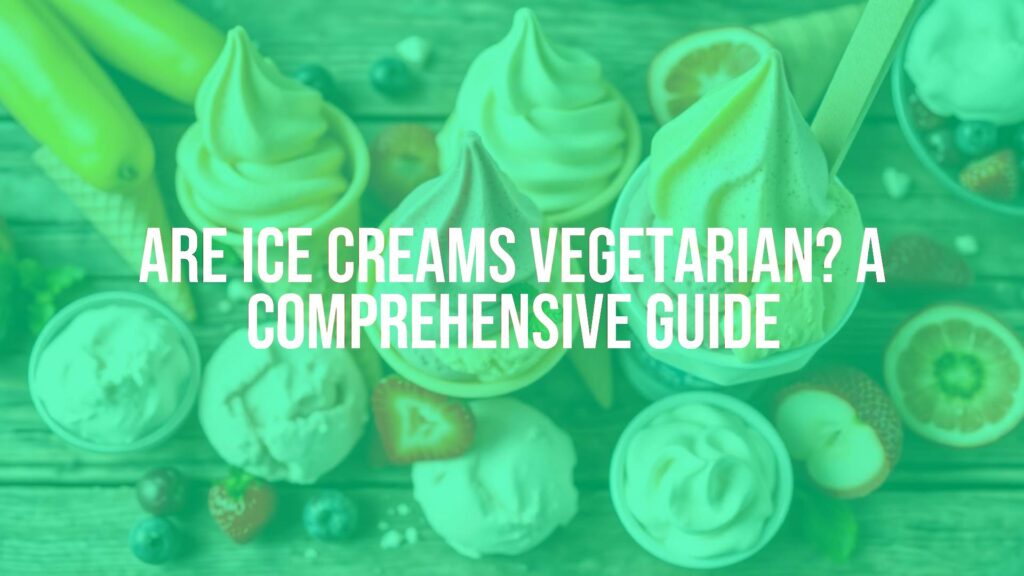 Colorful assortment of vegetarian ice cream cones and scoops, fresh fruits and dairy ingredients on a rustic wooden table, bright and inviting, illustrative style.