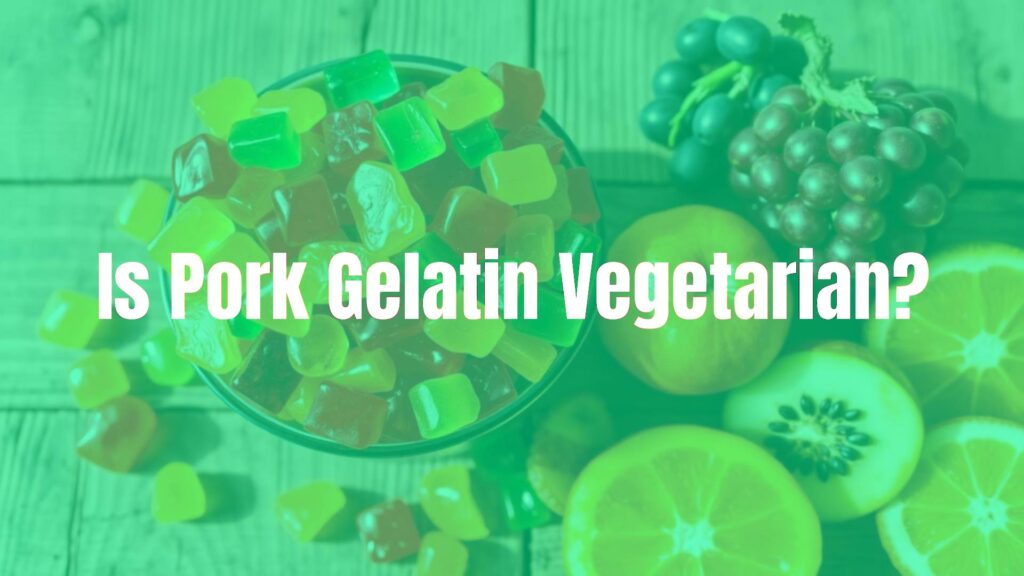 A bowl of colorful gummy candies with a gelatin-free label, fresh fruits, and vegetarian ingredients on a rustic wooden table, bright and inviting.