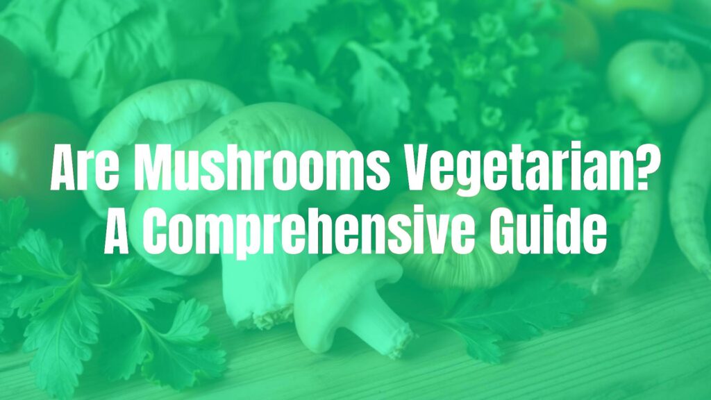 Fresh mushrooms on a wooden table, surrounded by leafy greens and vegetables, natural light, vegetarian food theme, realistic.