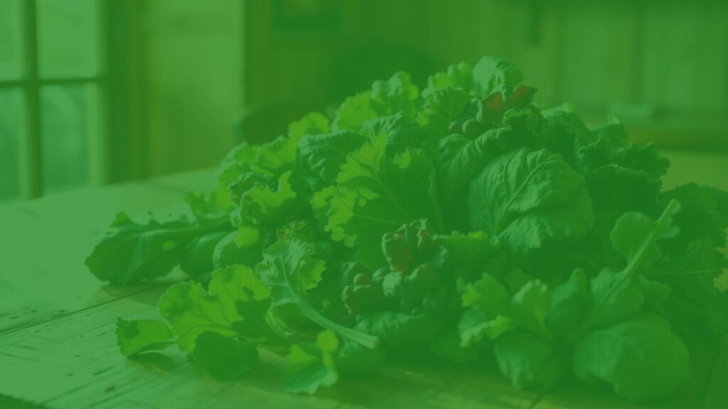 Fresh leafy greens like spinach and kale, bright and colorful, arranged neatly on a wooden table, sunlight streaming through a window, healthy and natural vibe, realistic.