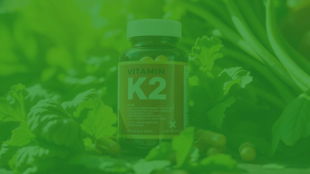 Vitamin K2 supplement capsules with green leafy vegetables, sunny lighting, health-focused, realistic.