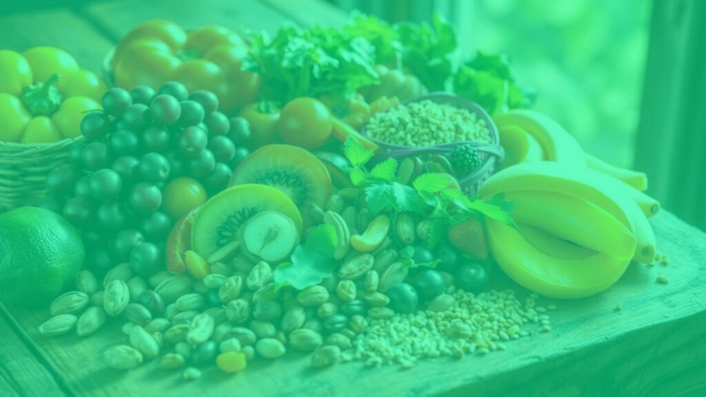 A vibrant assortment of vegetarian foods rich in inositol, including fruits, nuts, and grains, arranged on a wooden table with natural sunlight, realistic and fresh.