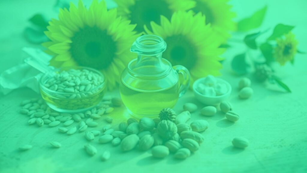 Assortment of vegetarian omega-6 rich foods including sunflower seeds, safflower oil, and nuts, arranged on a wooden table, natural lighting, healthy lifestyle vibe.
