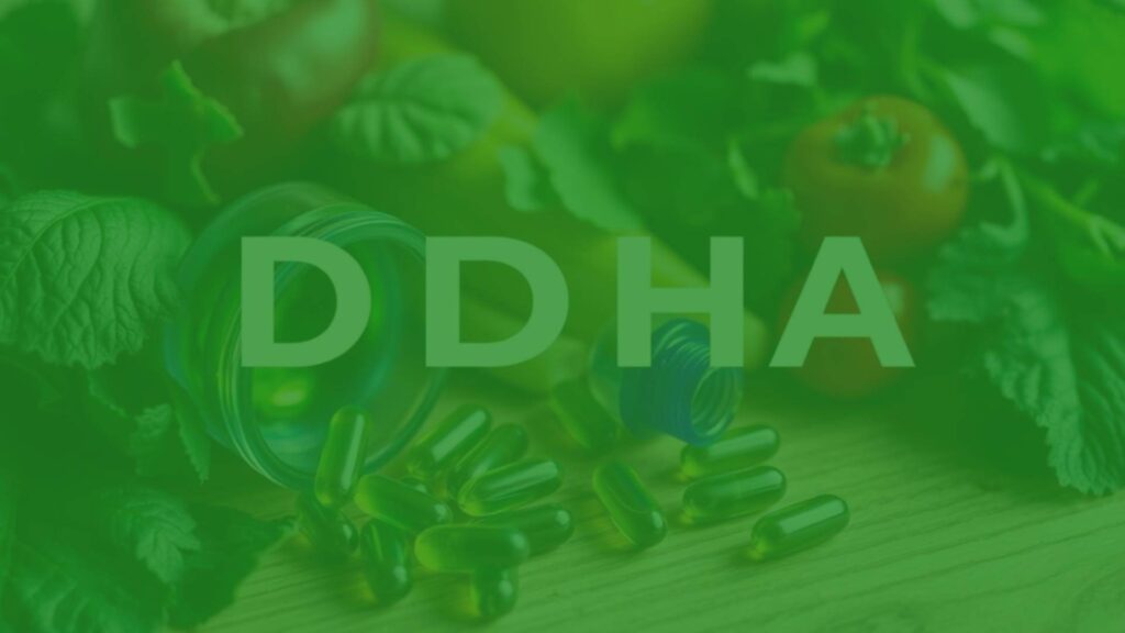 A vibrant image of vegetarian DHA sources, featuring algal oil capsules, green leaves, and fresh vegetables on a wooden table, soft natural lighting, healthy lifestyle vibe.