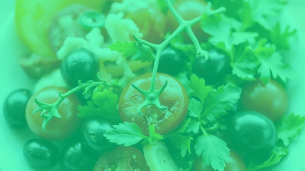 Healthy vegetarian meal with chloride-rich foods like tomatoes, olives, and leafy greens, vibrant and fresh, realistic.