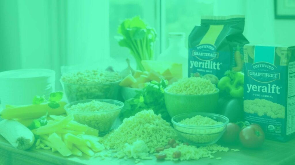 A vibrant arrangement of vegetarian foods rich in vitamin B12, including fortified cereals, dairy products, and nutritional yeast, on a wooden table with sunlight streaming in, realistic.