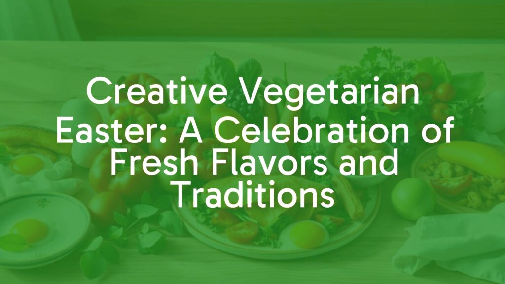 Colorful vegetarian Easter feast with fresh vegetables, spring herbs, and festive dishes on a rustic wooden table, warm natural lighting, cheerful atmosphere, illustrative style.